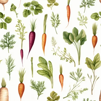 A colorful and detailed watercolor pattern featuring carrots, dill, lettuce, and tomatoes arranged in a village-like style.