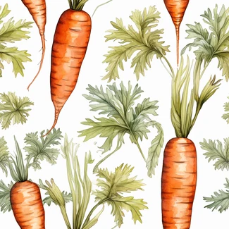 A seamless pattern featuring carrots and leaves in a watercolor style on a white background.