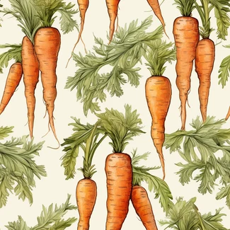 A seamless pattern featuring carrots and leaves in a botanical illustration style on an orange and beige background.