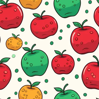 A cartoonish seamless pattern with colorful apples, grapes, and carrots on a light red and emerald background.