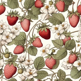 A seamless pattern of strawberries and white flowers on a white background