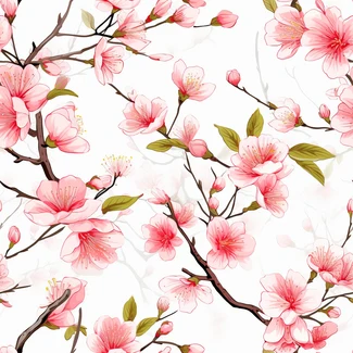 Cherry Blossom Botanical Illustration Seamless Pattern on white background