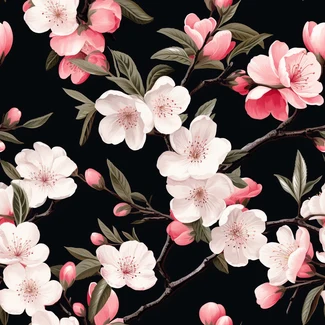 A seamless pattern of pink cherry blossoms and green leaves on a black background.