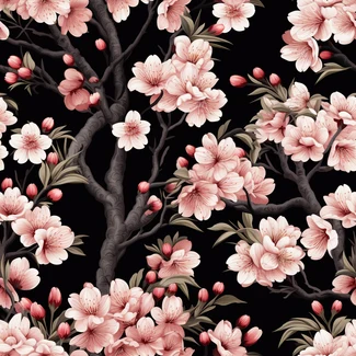 A seamless pattern featuring pink blossoms on a black background with intricate details