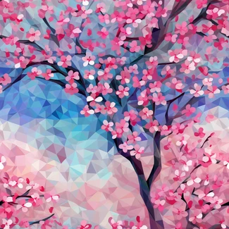 A colorful polygonal pattern of cherry blossom trees in bloom during springtime.