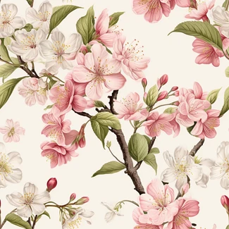 A seamless pink and white cherry blossom pattern with intricate details and realistic colors.