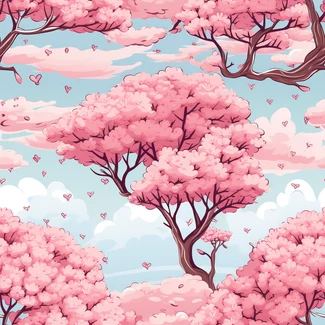 A playful and vibrant pattern of cherry blossom trees with hearts on a pink sky and clouds background.