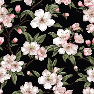 Cherry blossom pattern on black background with pink flowers and intricate shading