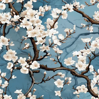 Cherry Blossom Luxe pattern featuring realistic cherry blossom flowers on a blue background