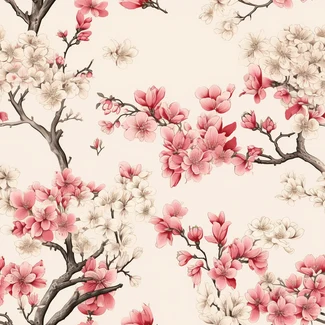 Cherry Blossom Porcelain Pattern featuring delicate pink cherry blossoms on a light beige and red background.