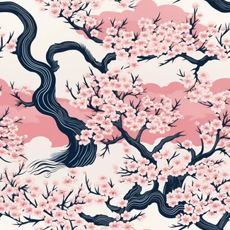 A seamless pattern of pink cherry blossom trees on a light maroon and azure background.