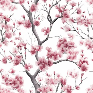 Cherry Blossom Trees botanical illustration pattern featuring pink blossoms and ethereal trees on a white background