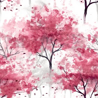 Digital illustration of Cherry Blossom Trees in full bloom with pink and maroon hues against a white background.
