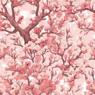 Cherry Blossom Trees seamless pattern with sakura blossoms and ethereal trees in vibrant coralpunk colors.