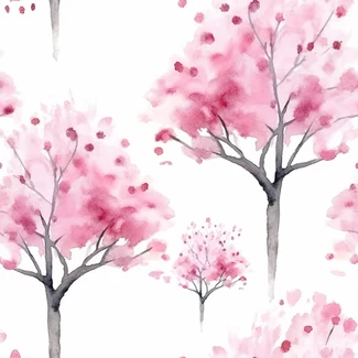 Watercolor pattern of pink cherry blossom trees on a white background