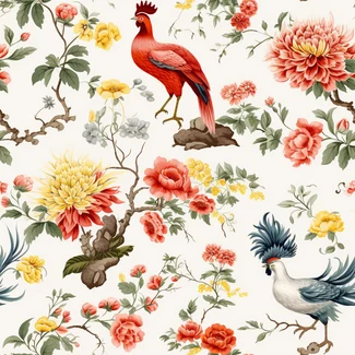 A seamless floral pattern with birds and flowers in the style of ancient Chinese art and pastoral nostalgia.