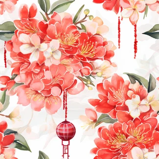 Chinese New Year Festival seamless pattern with red flowers, hanging lanterns, and tropical elements on a light orange and white backdrop