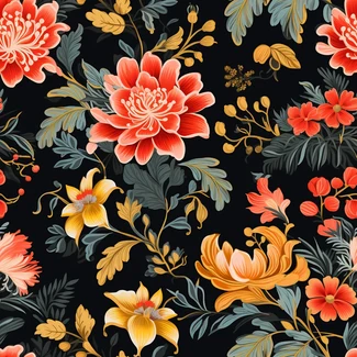 Chinese New Year floral pattern with red and orange flowers on a black background