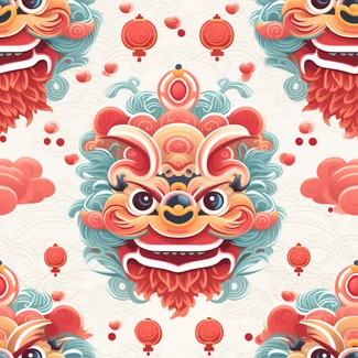 A seamless pattern featuring a playful and colorful caricature of an Oriental lion head and a dragon, set against a light red and sky-blue background.