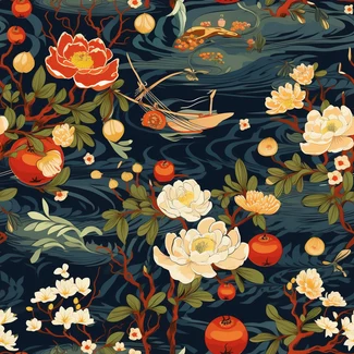 Chinese New Year Pattern with Pomegranates, Flowers and Lilypad in traditional Chinese landscape style