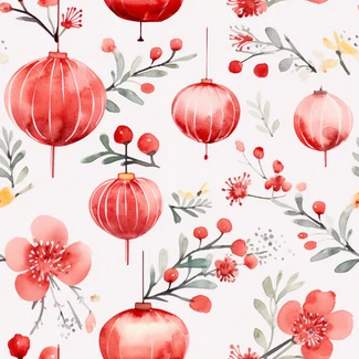 Chinese New Year Festivities pattern with red balloons and Chinese floral motifs on a white background.