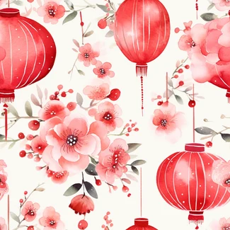Chinese New Year pattern with red lanterns and flowers in a dreamy watercolor style