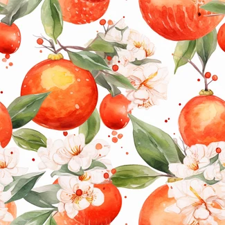 Chinese New Year Tangerine and Flower Seamless Pattern with Organic Watercolor Effect