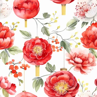 Chinese New Year watercolor pattern featuring red blossoms and lanterns on a white background with gold accents