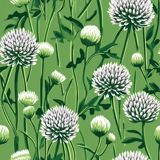 A lively green pattern featuring chives and clover flowers on a brushstroke field background.