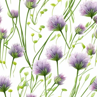Watercolor illustration of chive blossom pattern featuring purple and green chive leaves with a white background