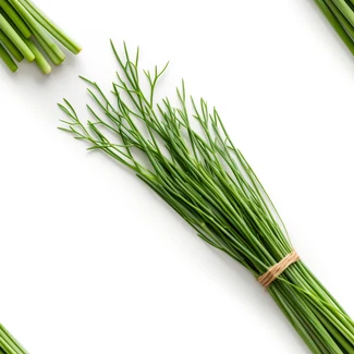 A stack of fresh chives arranged in a minimalist grid on a white background.