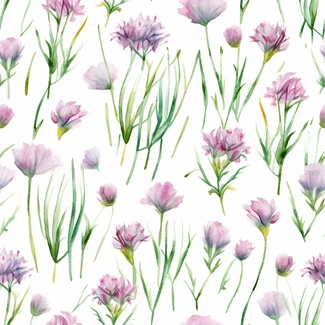 A repeating pattern of purple and green watercolor flowers on a white background.