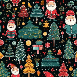 A seamless pattern with Santa Claus, trees, and other Christmas elements set against a black background. The pattern is hand-drawn with vibrant teal and red character illustrations and doodles.