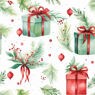 Watercolor Christmas gifts seamless pattern featuring beautifully wrapped gifts in shades of light green, light crimson, light red, dark emerald, red, white, and green.