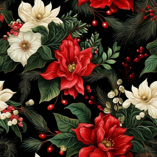 A Christmas pattern featuring poinsettias and pampas flower on a black background.