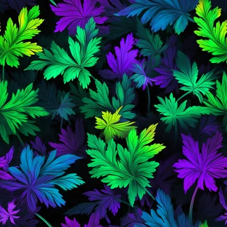 A seamless pattern of colorful leaves in shades of purple and blue on a black background.