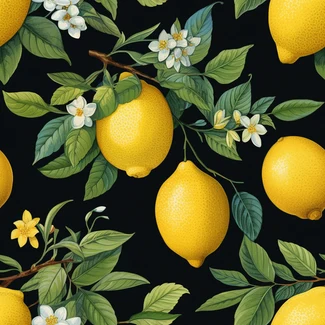 A lemon with white flowers pattern on black background