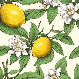 A seamless pattern featuring lemons and jasmine branches on a warm beige background