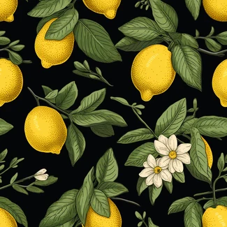 A seamless pattern featuring detailed illustrations of lemons, leaves, and flowers on a black background.
