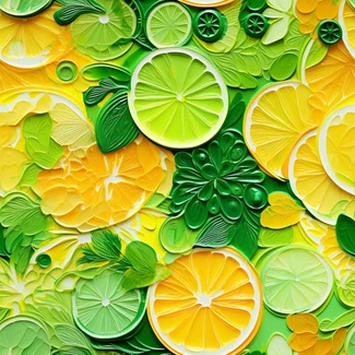 A pattern of citrus slices and foliage in yellow and green shades.