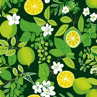 A lime and lemon seamless pattern with lime leaves and flowers, yellow green and lemon branches