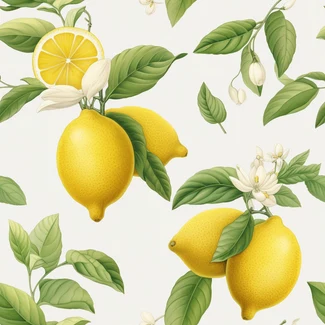 A seamless pattern featuring lemons and flowers on a white background.