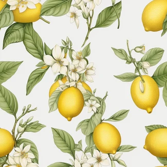 Lemon Blossom Botanical Seamless Pattern with yellow lemons and white jasmine flowers on branches