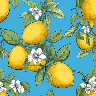 A seamless pattern featuring lemons, leaves, and flowers on a blue background
