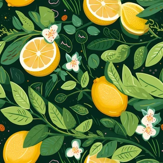 Seamless pattern featuring citrus fruits and leaves on a variety of colored backgrounds