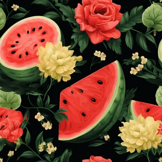 A watermelon pattern with roses and flowers on a black background