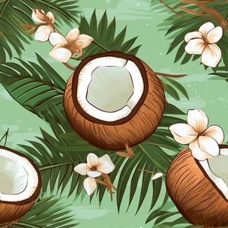 A seamless pattern featuring coconuts and flowers on a light green background with leaves.