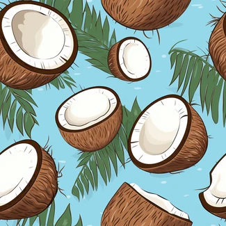 A seamless pattern with coconuts on a beach with leaves, in sky-blue color palette.