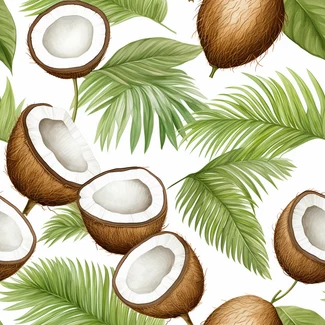 A seamless pattern featuring realistic coconut and leaves illustrations on a white background.