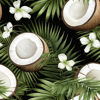 Coconut and palm leaves on a black background with white flowers and tropical palm trees
